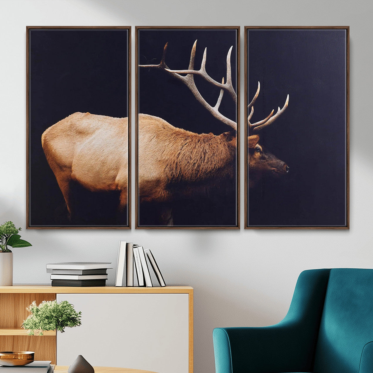 89239257-MGV-FC-48X32-3P - Rustic Elk Wall Art Canvas Print – Framed Moody Wildlife Art Picture Western Animal Artwork for Home, Office