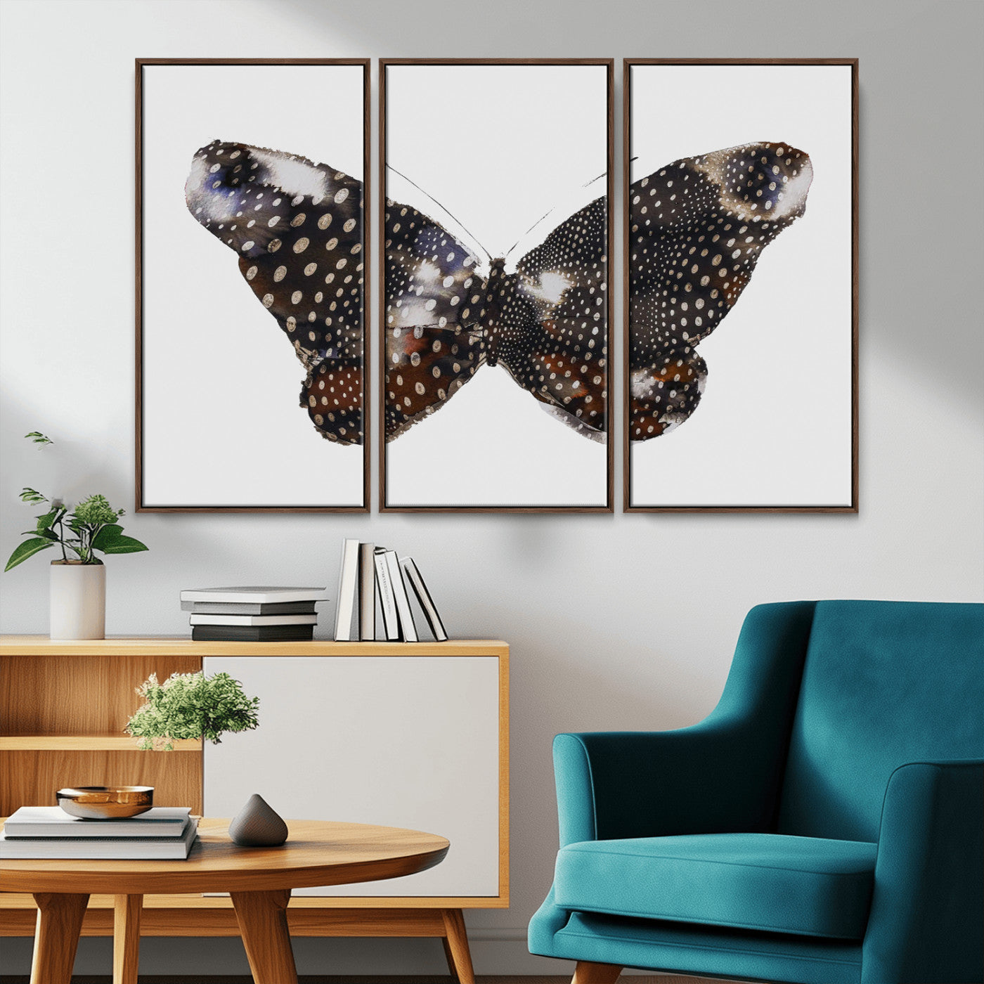 99831147-MGV-FC-48X32-3P_Walnut-Spotted Butterfly Wall Art Canvas Print – Framed Neutral Insect Earthy Wing Pattern Modern Rustic Nature Artwork for Home Office