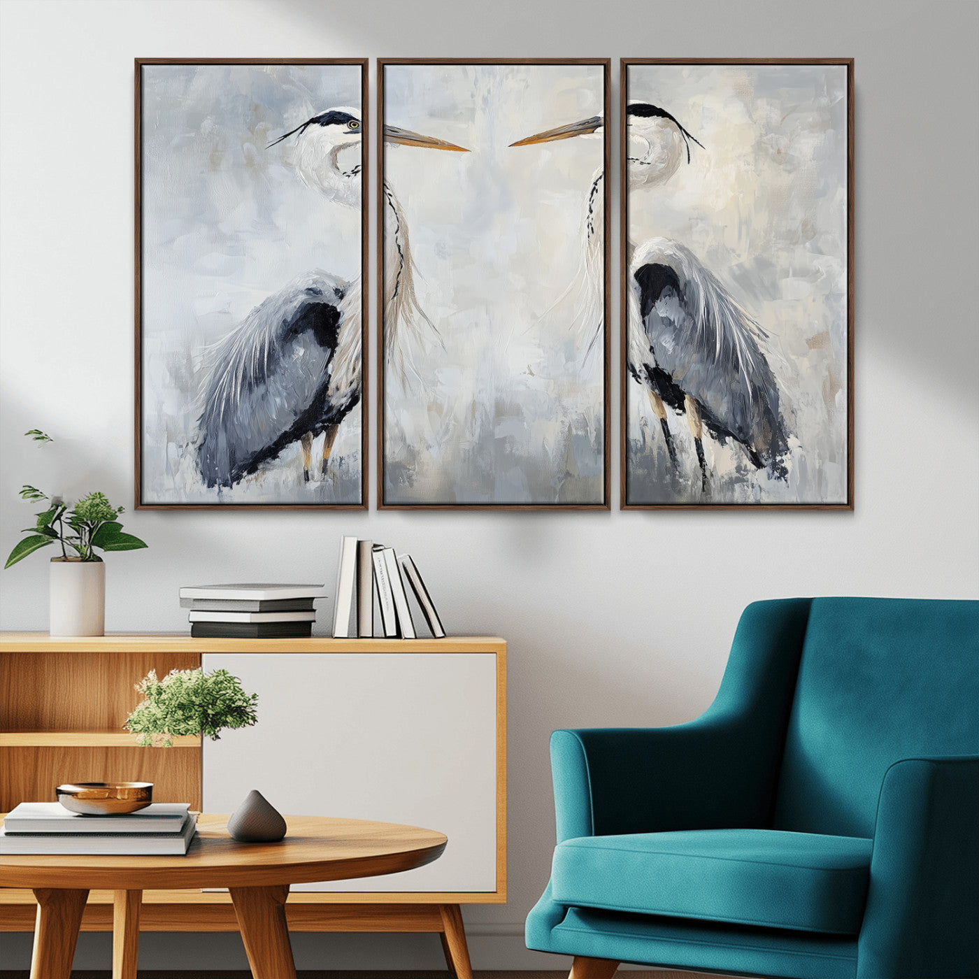 90806932-MGV-FC-48X32-3P_Walnut-Heron Wall Art Canvas Print – Framed Bird Nature Inspired Coastal Minimalist Wildlife Artwork for Home Office