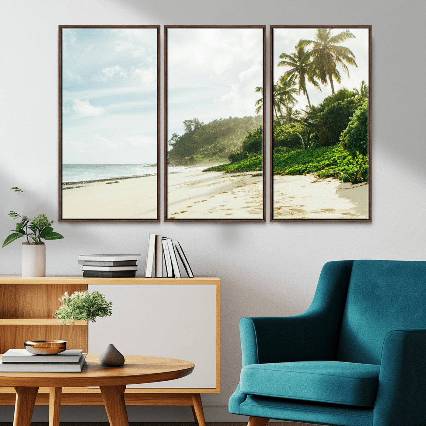 42984524-MGV-FC-48X32-3P_Walnut-Relaxing Beach Wall Art Canvas Print – Framed Ocean View Coastal Serenity Tropical Nature Scene Artwork for Home Office