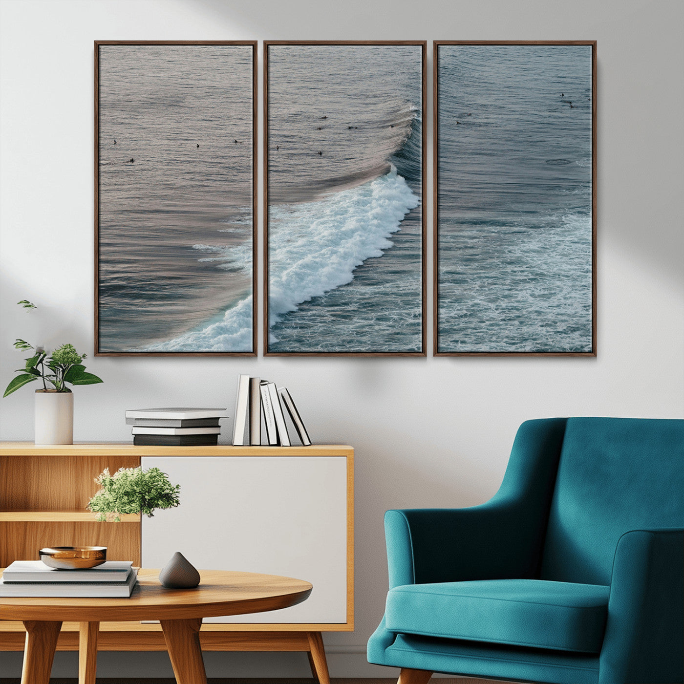 23077324-MGV-FC-48X32-3P_Walnut-Ocean Waves Wall Art Canvas Print – Framed Coastal Serenity Surf Nature Scene Artwork for Home Office