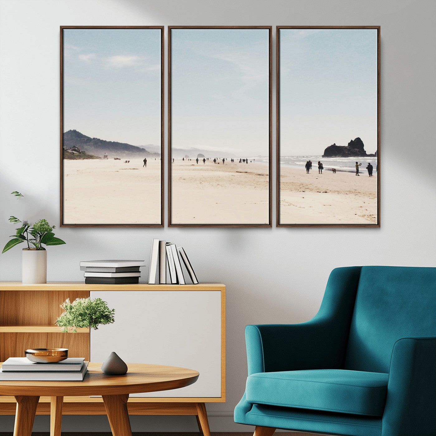 28307820-MGV-FC-48X32-3P_Walnut-Minimalist Beach Wall Art Canvas Print – Framed Coastal Serenity Soft Sand Nature Scene Artwork for Home Office