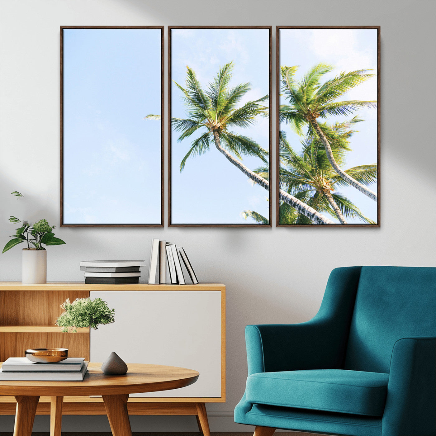 54719115-MGV-FC-48X32-3P_Walnut-Palm Trees Wall Art Canvas Print – Framed Tropical Coastal Nature Scene Artwork for Home Office
