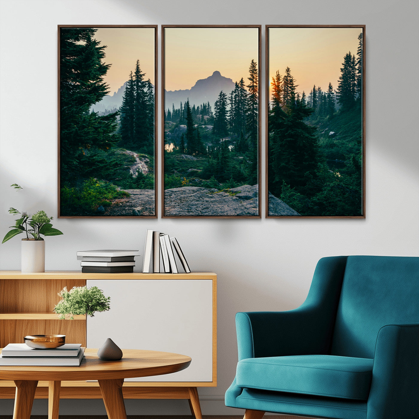 66397982-MGV-FC-48X32-3P_Walnut-Mountain Wall Art Canvas Print – Framed Forest Serenity Mountain Nature Scene Artwork for Home Office