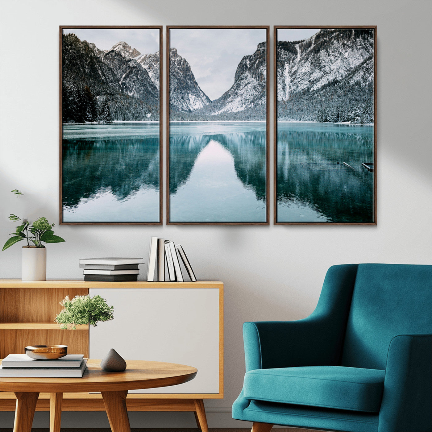 73098373-MGV-CV-36X24-Mountain Lake Wall Art Canvas Print – Framed Snowy Peaks Wonderland Nature Scene Artwork for Home Office