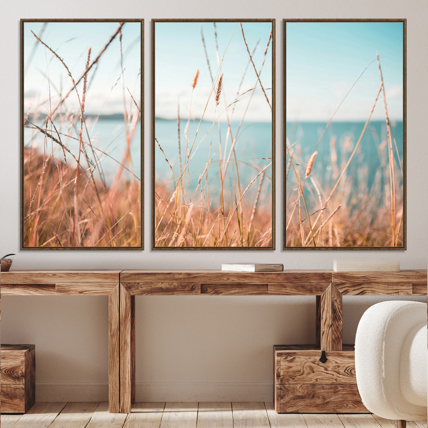 36108696-MGV-CV-36X24-Coastal Grass Landscape Wall Art Canvas Print – Golden Shoreline Nature Scene Serene Ocean View Artwork for Home Office