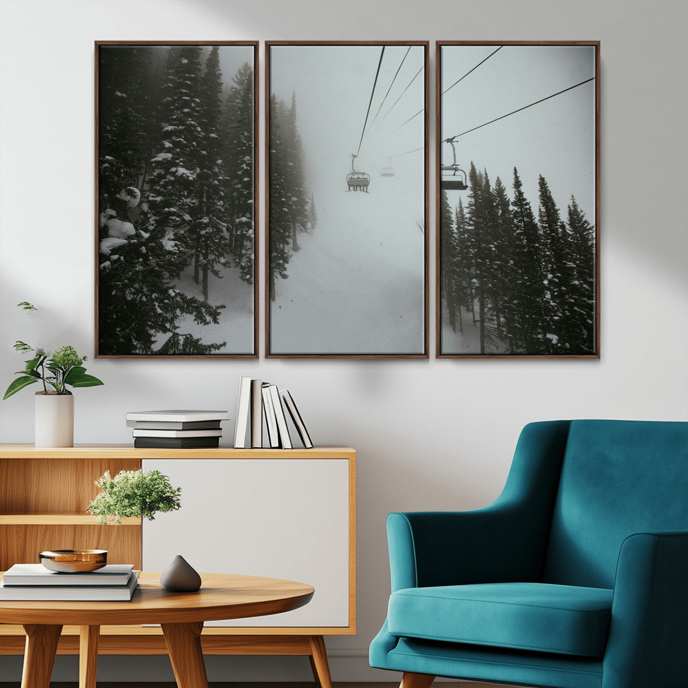 87018452-MGV-FC-48X32-3P_Walnut-Ski Lift Wall Art Canvas Print – Snowy Pines Misty Landscape Winter Serenity Artwork for Home, Office Decor