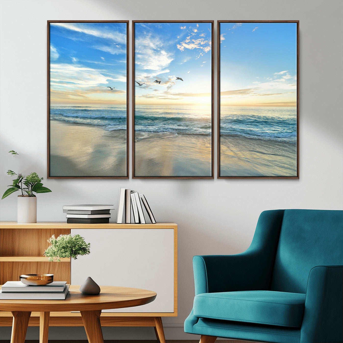 MGV-FC-48X32-3P - Minimalist Seaside Wall Art Canvas Print, Framed Morning Glow Art Picture Print, Golden Reflections Perfect Coastal Minimalist Decor Artwork