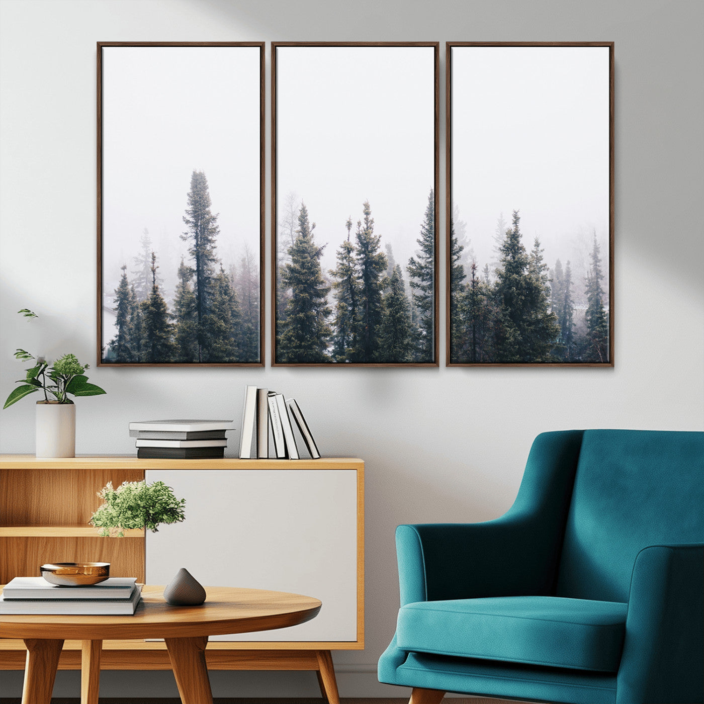 -Foggy Forest Wall Art Canvas Print – Framed Misty Pines Moody Woodland Nature Scene Artwork for Home Office