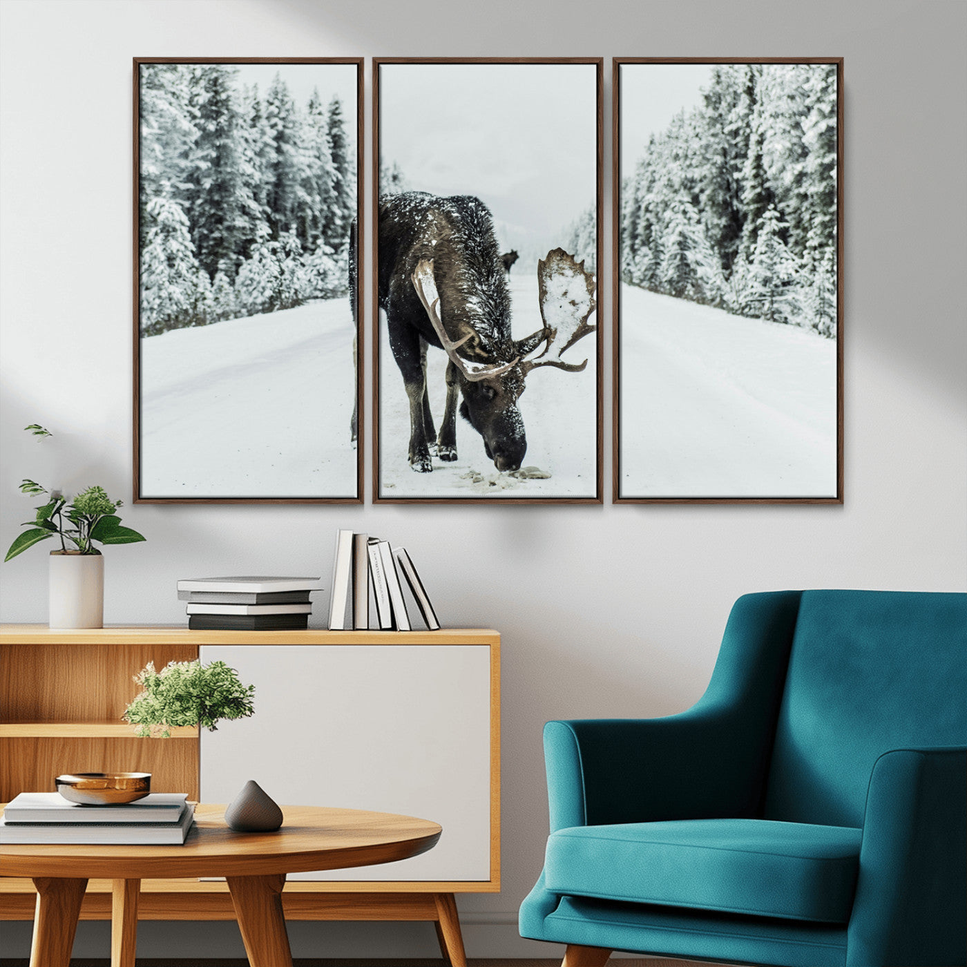 -Moose Snow Wall Art Canvas Print – Framed Winter Wildlife Snowy Forest Nature Scene Artwork for Home, Office, Living Room