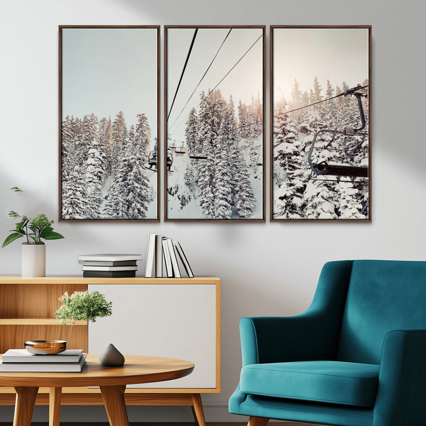 91534512-MGV-FC-48X32-3P_Walnut-Frosty Pines Wall Art Canvas Print – Framed Cozy Cabin Ski Lift Ride Winter Scene Artwork for Home Office