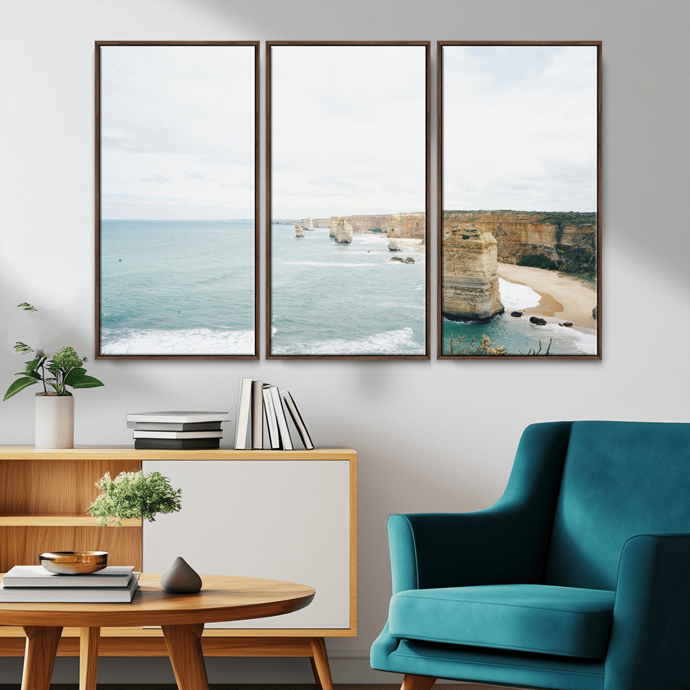 70095633-MGV-FC-48X32-3P_Walnut-Twelve Apostles Wall Art Canvas Print – Framed Coastal Cliffs Rugged Rock Formations Artwork for Home Office