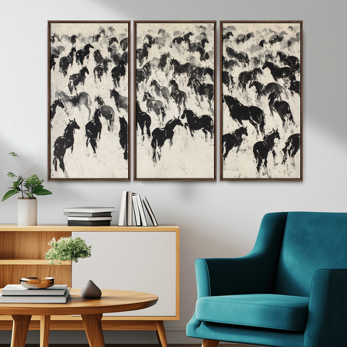 -Wild Horse Stampede Wall Art Canvas Print – Monochrome Running Horses Dynamic Motion Elegant Scene Artwork for Home, Office