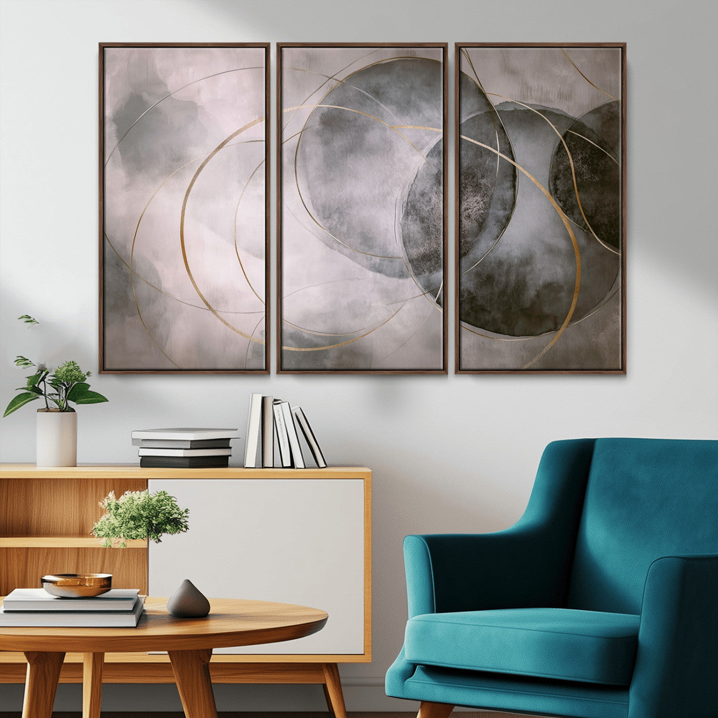 20066876-MGV-CV-36X24-Abstract Grey Gold Circle Wall Art – Modern Geometric Canvas Artwork, Minimal Elegant Design, Luxury Wall Decor for Home, Office