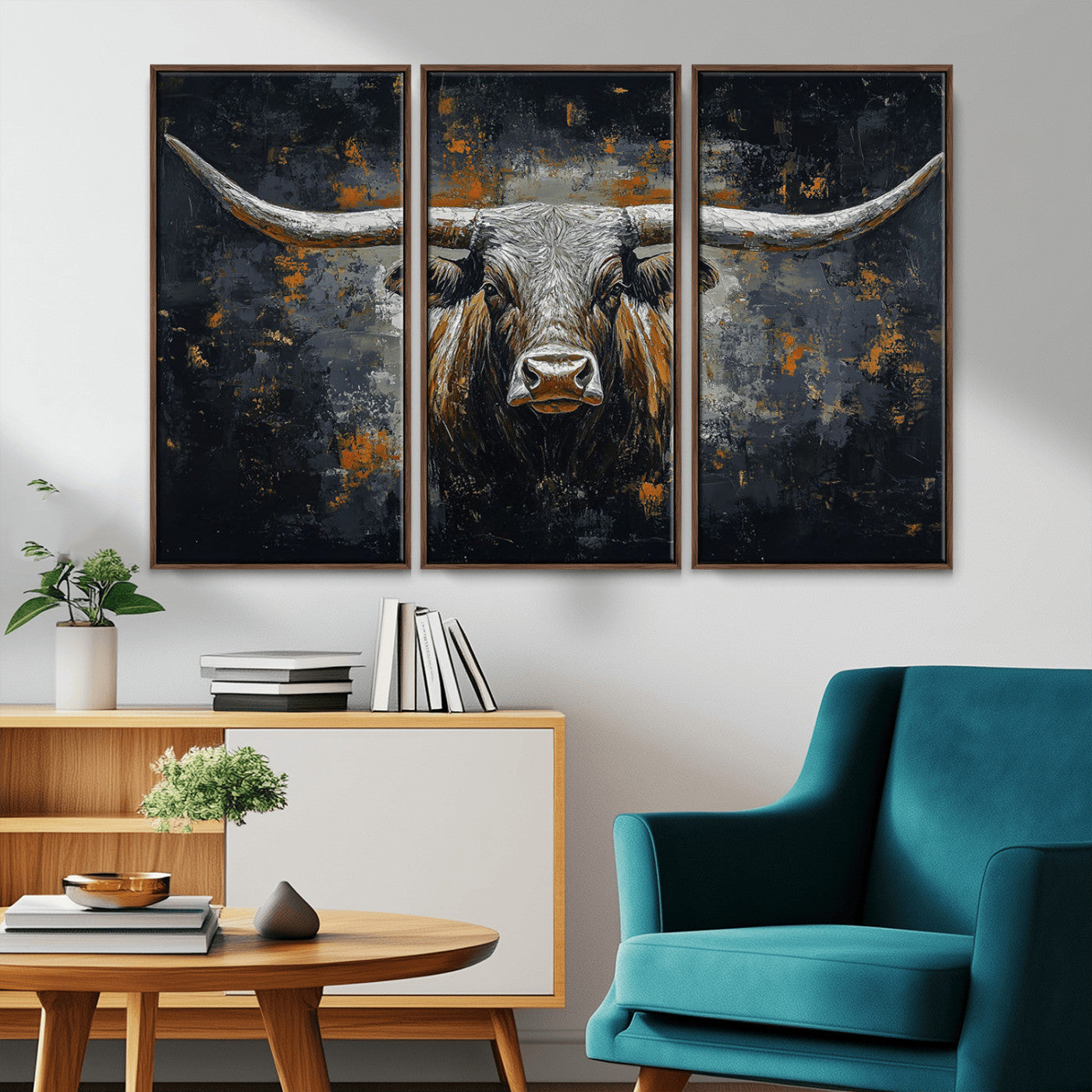 93195031-MGV-CV-36X24-Rustic Longhorn Bull Wall Art Canvas Print – Vintage Western Cattle Scene, Texas Steer Artwork for Home, Office