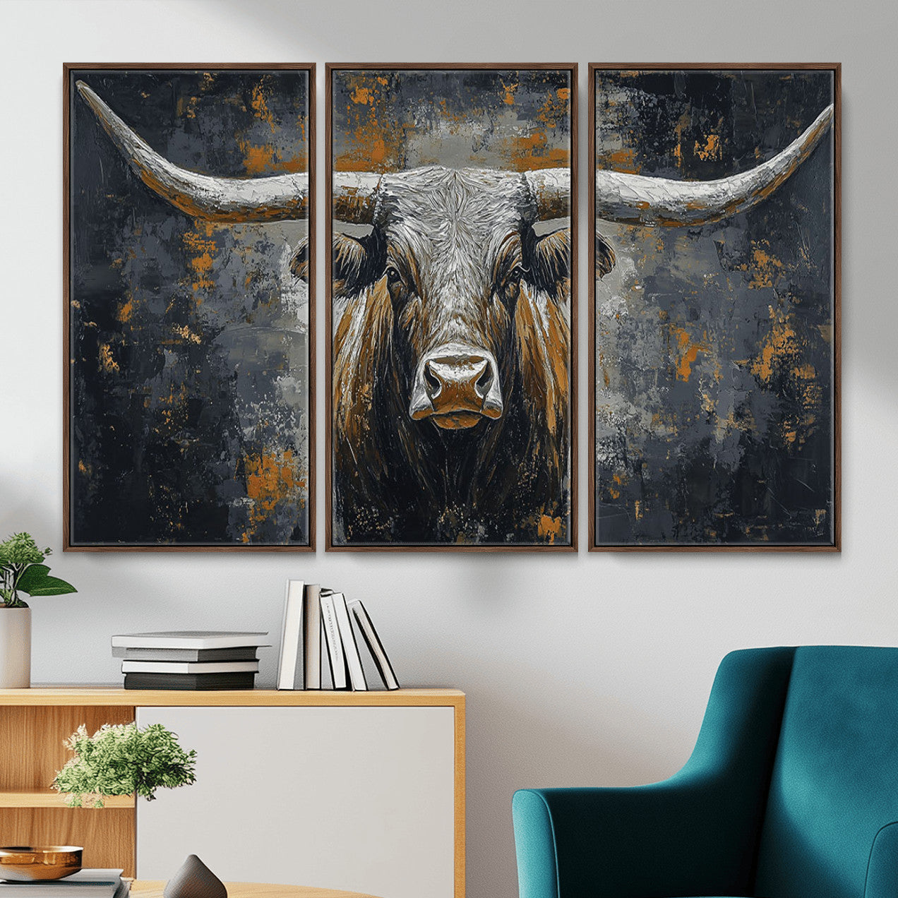 73972561-MGV-CV-36X24 - Bold Bull Wall Art Canvas – Striking Portrait with Wide Horns and Rich Brown Hues, Rustic Farmhouse and Western Decor for Home Room