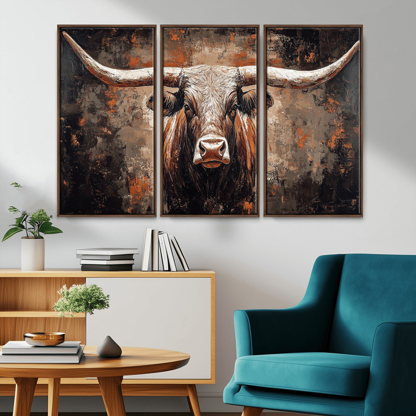 -Rustic Longhorn Bull Wall Art Canvas Print – Vintage Western Cattle Scene, Texas Steer Artwork for Home, Office