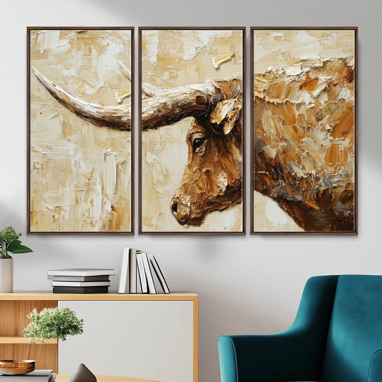 69611428-MGV-CV-36X24 - Rustic Longhorn Bull Wall Art Canvas Print – Vintage Western Cattle Painting, Texas Abstract Wall Cow Prints