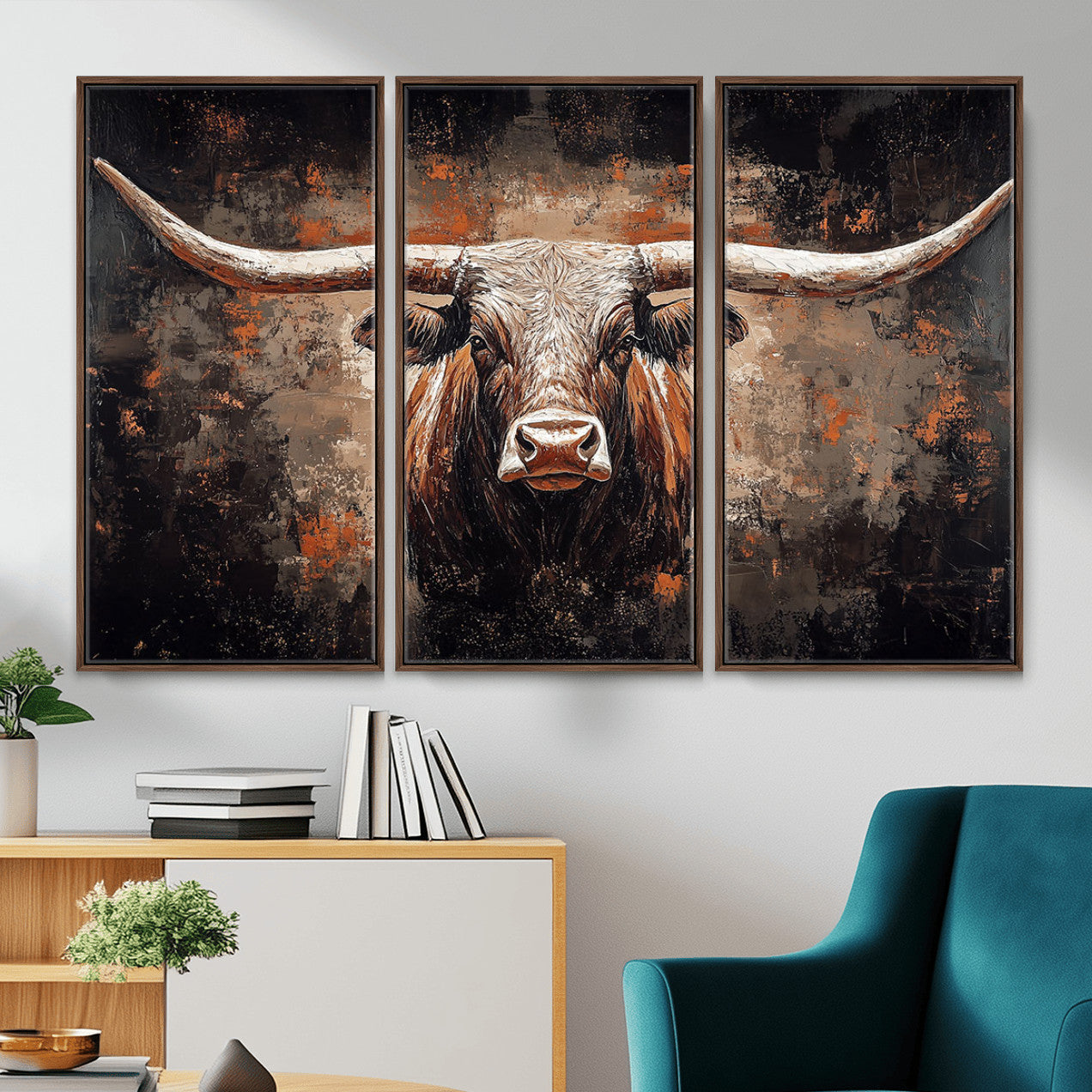 24779067-MGV-CV-36X24 - Rustic Longhorn Bull Wall Art Canvas Print – Vintage Western Cattle Painting, Texas Steer Artwork