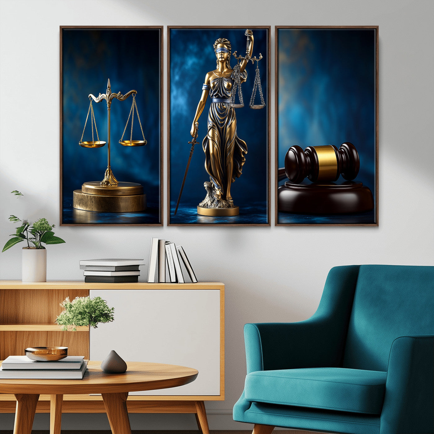 33888279-MGV-FP-36X24-3P_Walnut-Lady Justice Wall Art Canvas Print – Elegant Gold Legal Symbols Blue Background, Perfect for Law