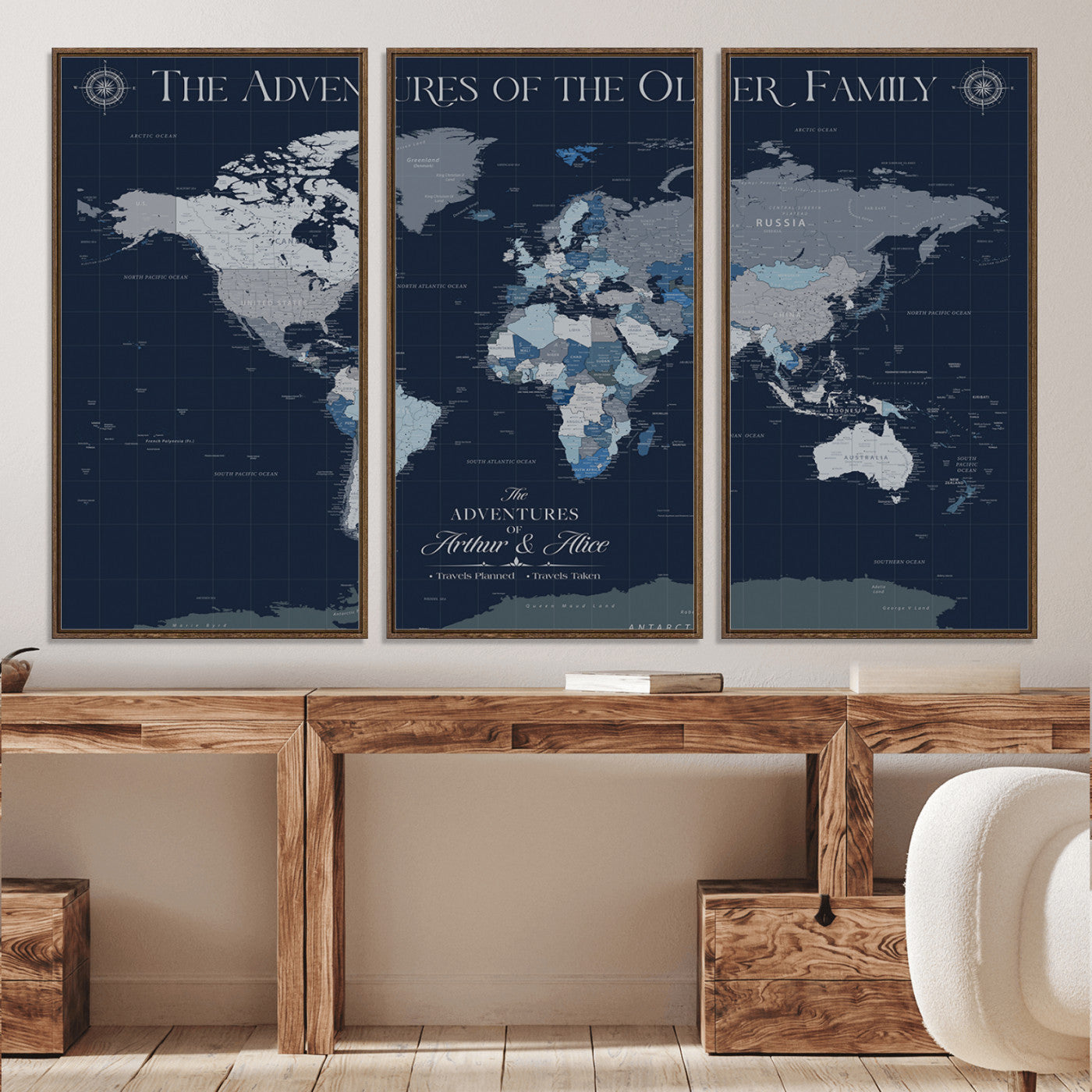 -Personalized Family Adventure World Map – Custom Framed Push Pin Travel Tracker Canvas, Elegant Wall Art for Home, Office