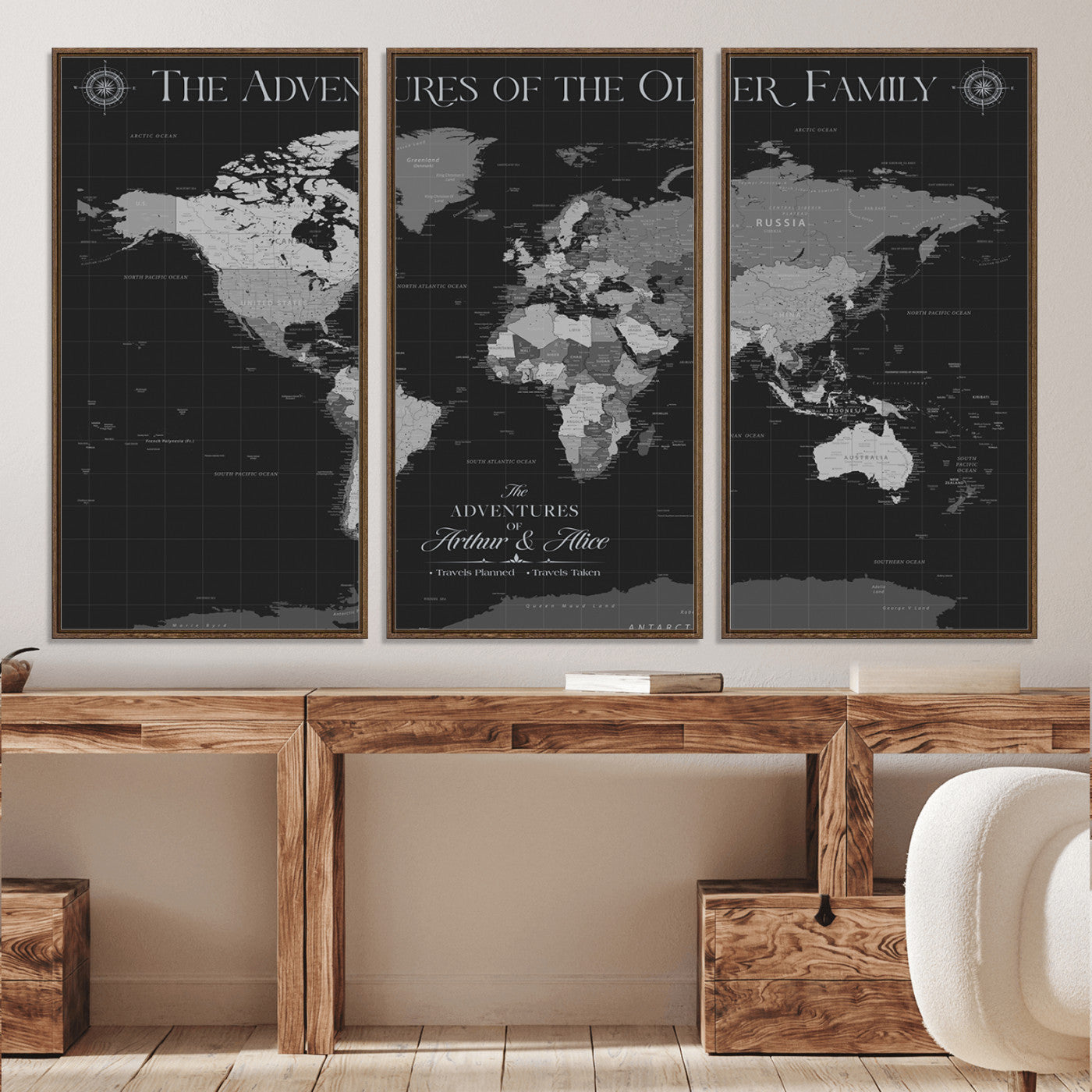 -Personalized Family World Map Canvas – Custom Framed Push Pin Travel Tracker, Modern Adventure Wall Art for Home, Office