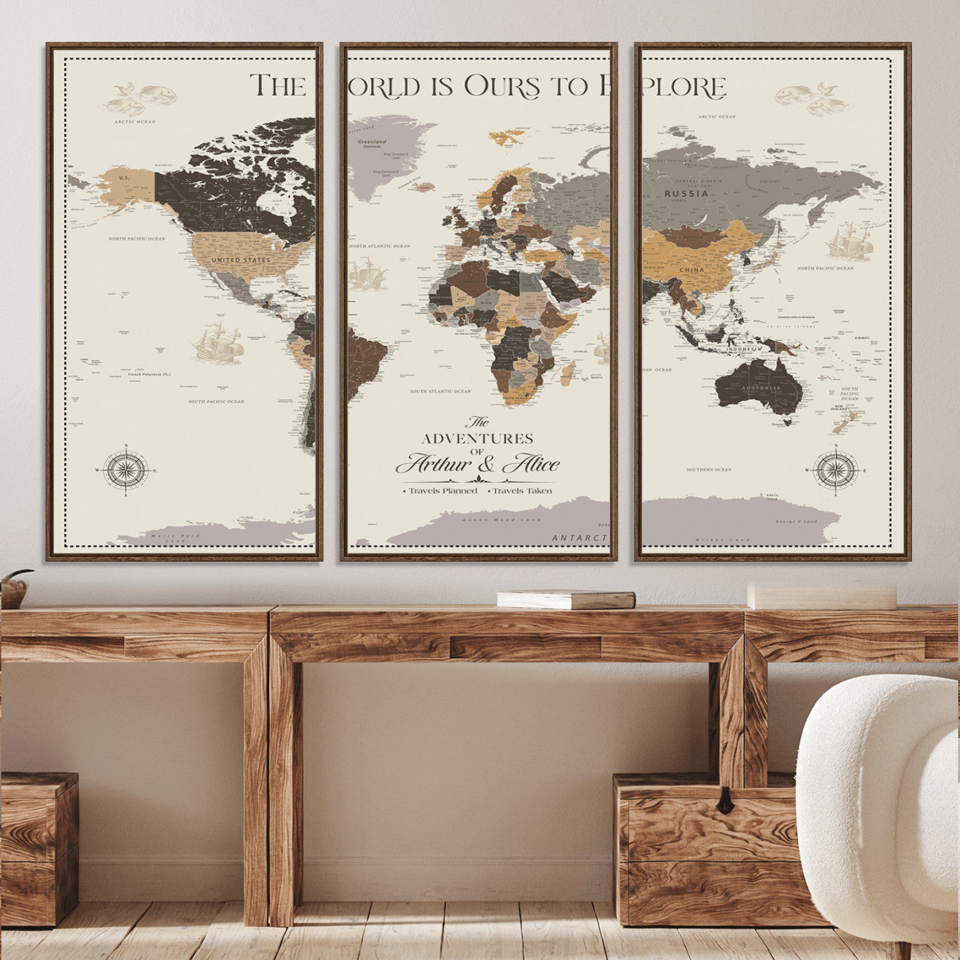 -Personalized World Map Canvas Custom Framed Push Pin Travel Tracker Contemporary Wall Art Gift Couples Explorers Home Office