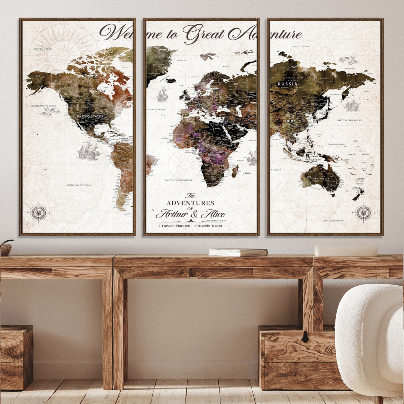 -Personalized World Map Canvas Custom Framed Push Pin Travel Tracker Vintage Adventure Wall Art Gift Couples Travelers Home, Office