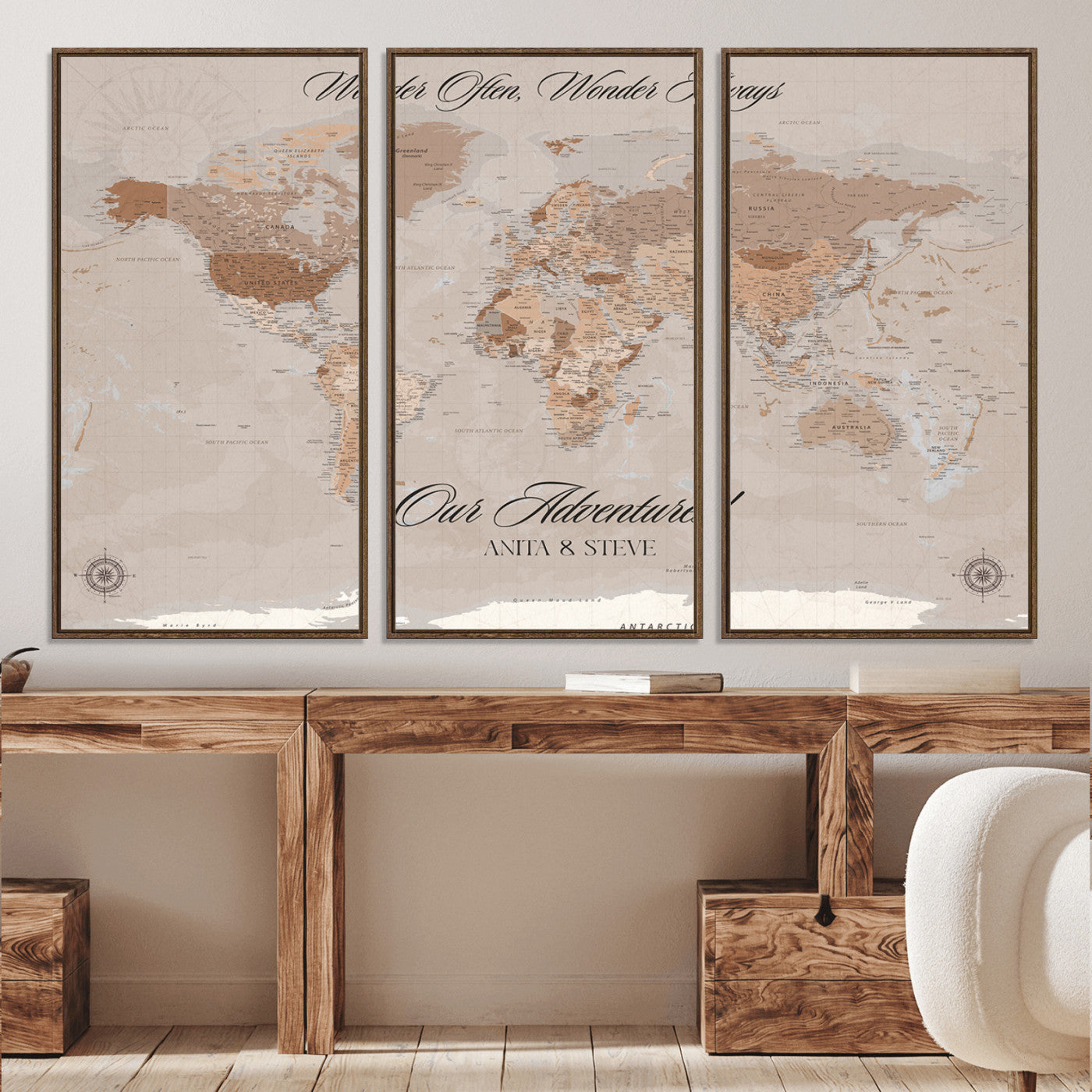 -Personalized World Map Canvas Custom Framed Push Pin Travel Tracker Elegant Neutral Wall Art Gift Couples Travelers for Home, Office