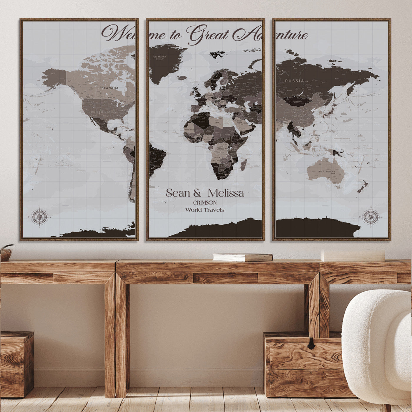 -Personalized Gray Brown World Map Canvas Custom Framed Push Pin Travel Tracker Modern Neutral Wall Art Gift Couples for Home, Office