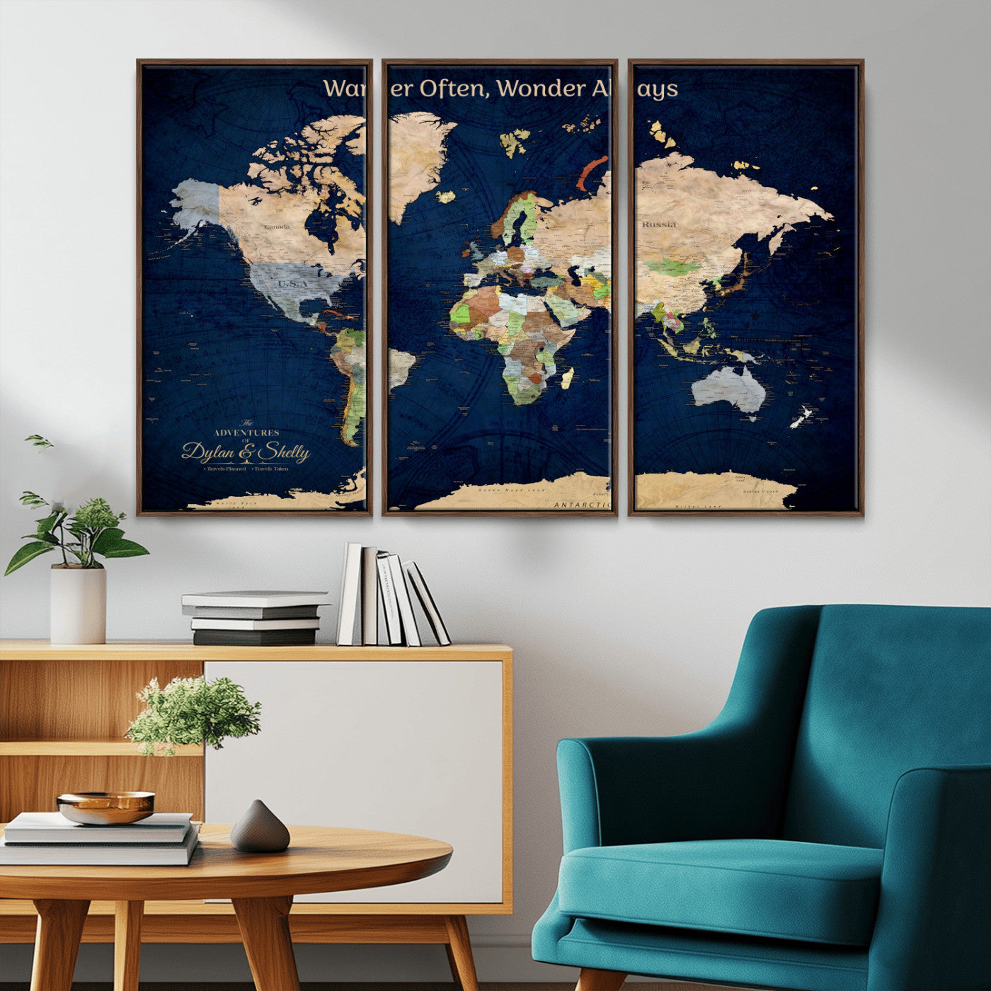 Rehber01-MGV-CV-36X24-Personalized World Map Canvas – Custom Framed Push Pin Travel Map Wall Art, Navy Blue Vintage Gift for Couples and Adventurers
