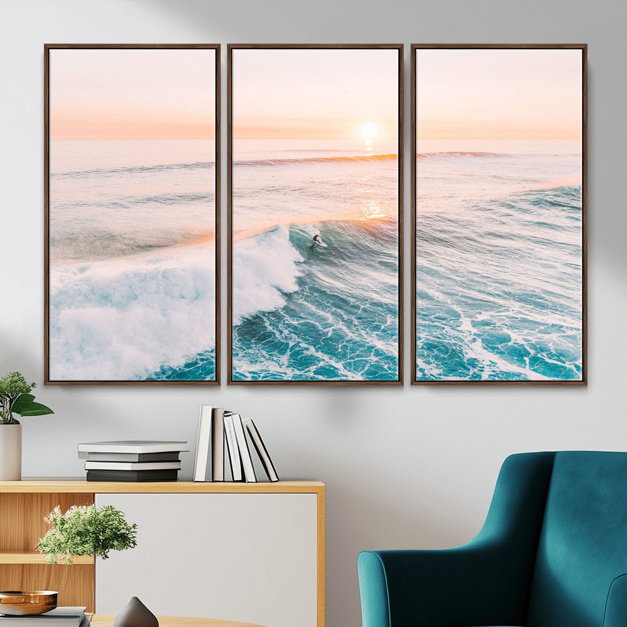 34064591-MGV-CV-36X24 - Sunset Surfing Wall Art Canvas Print, Ocean Wave Surfer with Golden Sky Artwork for Home, Office, Living Room