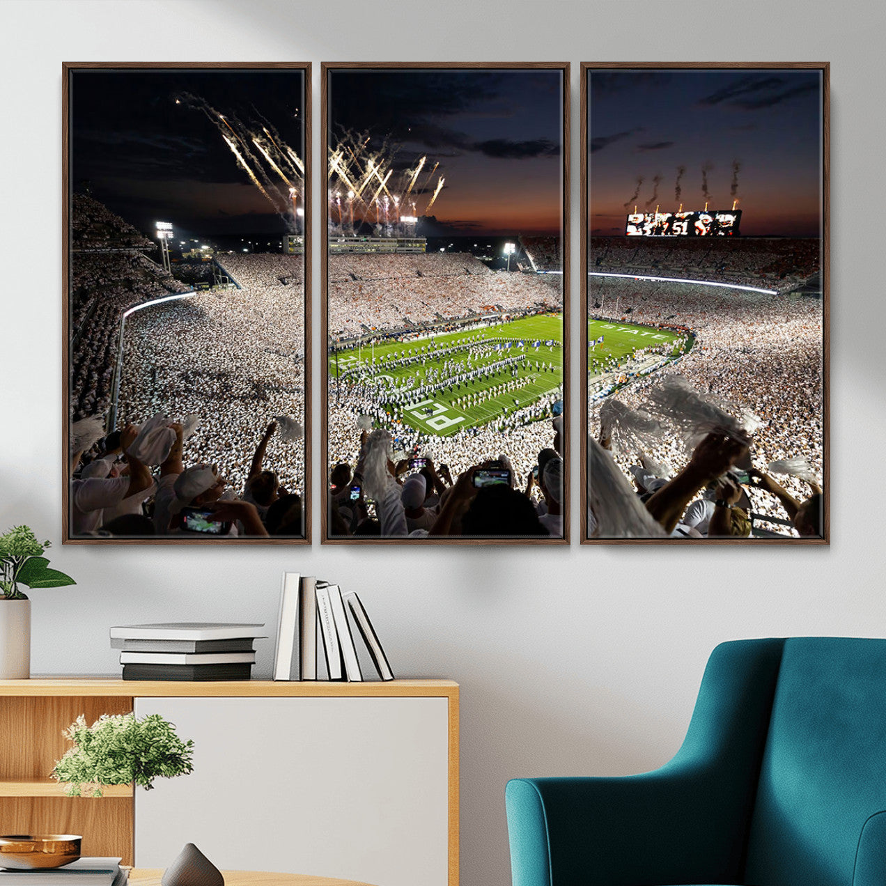 11221988-MGV-FC-48X32-3P - Epic Night Football Stadium Wall Art Canvas Print, Fireworks and Crowd Energy Game Day Excitement Decor for Home, Office