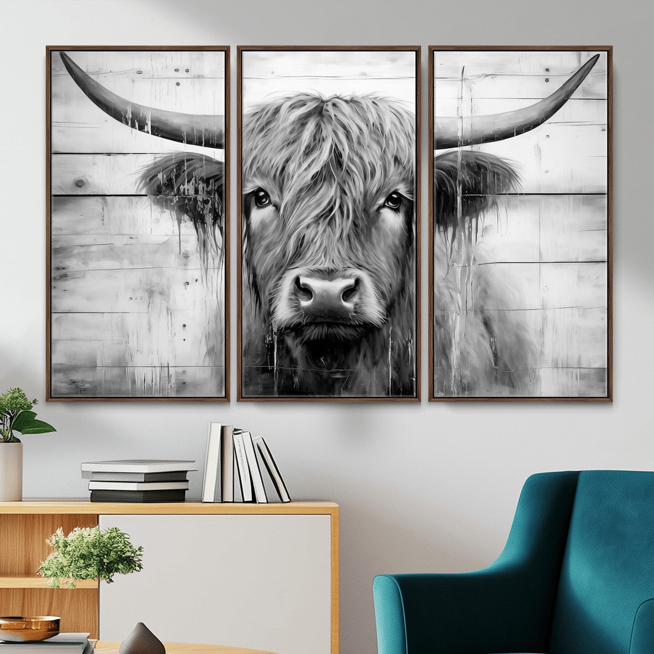 1001HASAN27-MGV-FC-48X32-3P - Black White Highland Cow Wall Art Canvas Print
