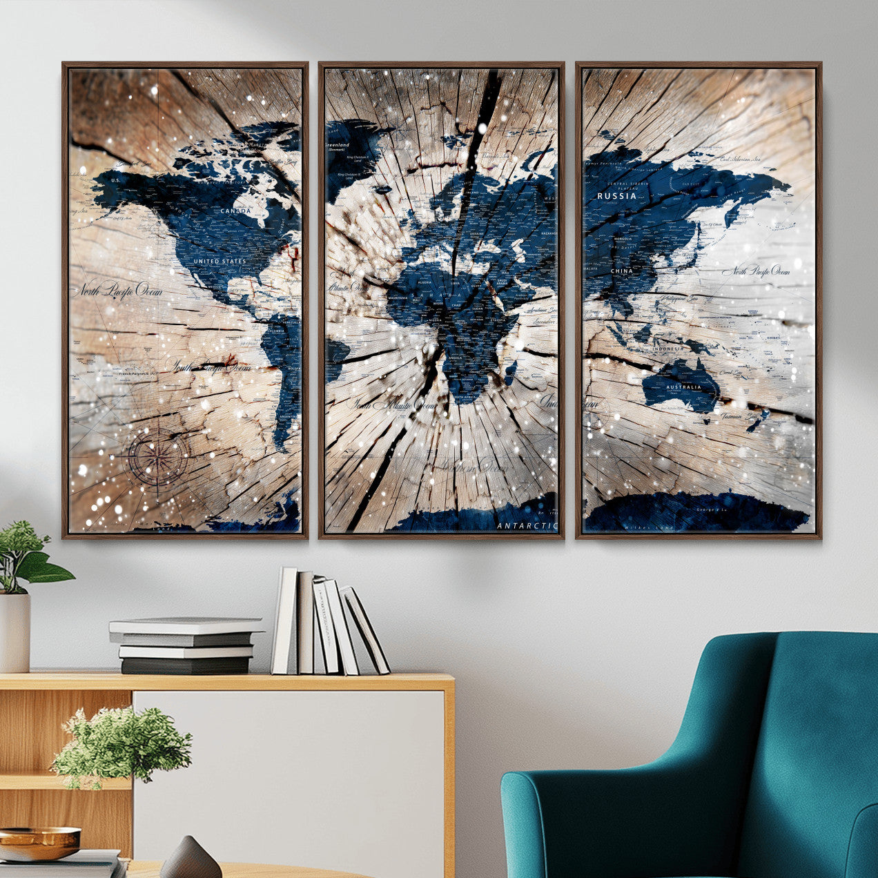 99001695-MGV-FC-48X32-3P - World Map Wall Art Canvas Print, Modern Decorative Framed Map Artwork Prints for Living Room, Office, Bedroom Wall Decor