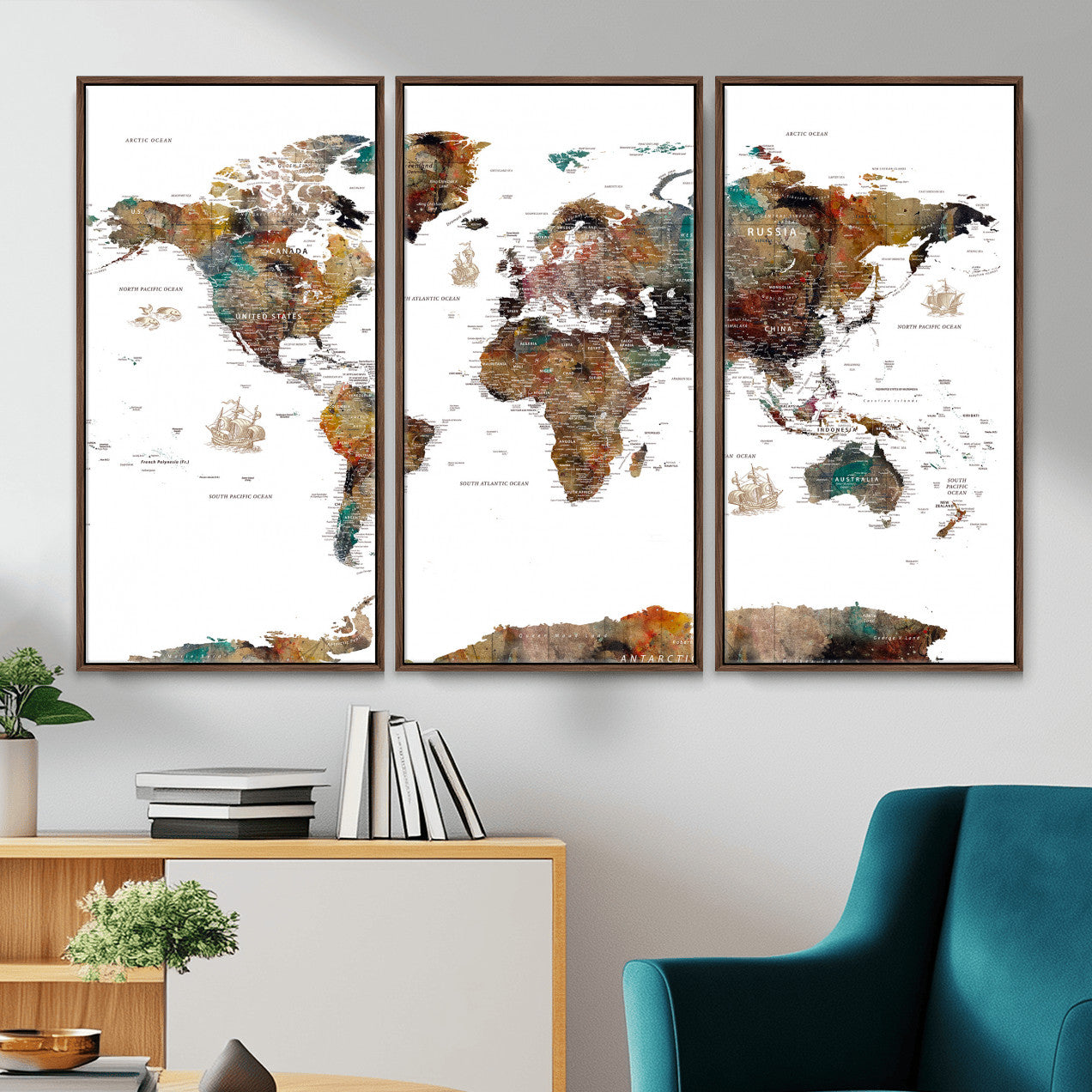 82293175-MGV-CV-36X24 - World Map Wall Art Canvas Print, Modern Decorative Framed Map Artwork Prints for Living Room, Office, Bedroom Wall Decor