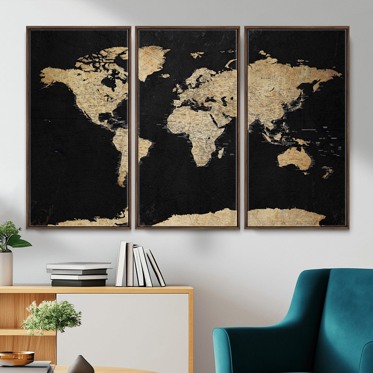 71518849-MGV-CV-36X24 - Beige World Map Canvas Wall Art Print, Minimal Black and
