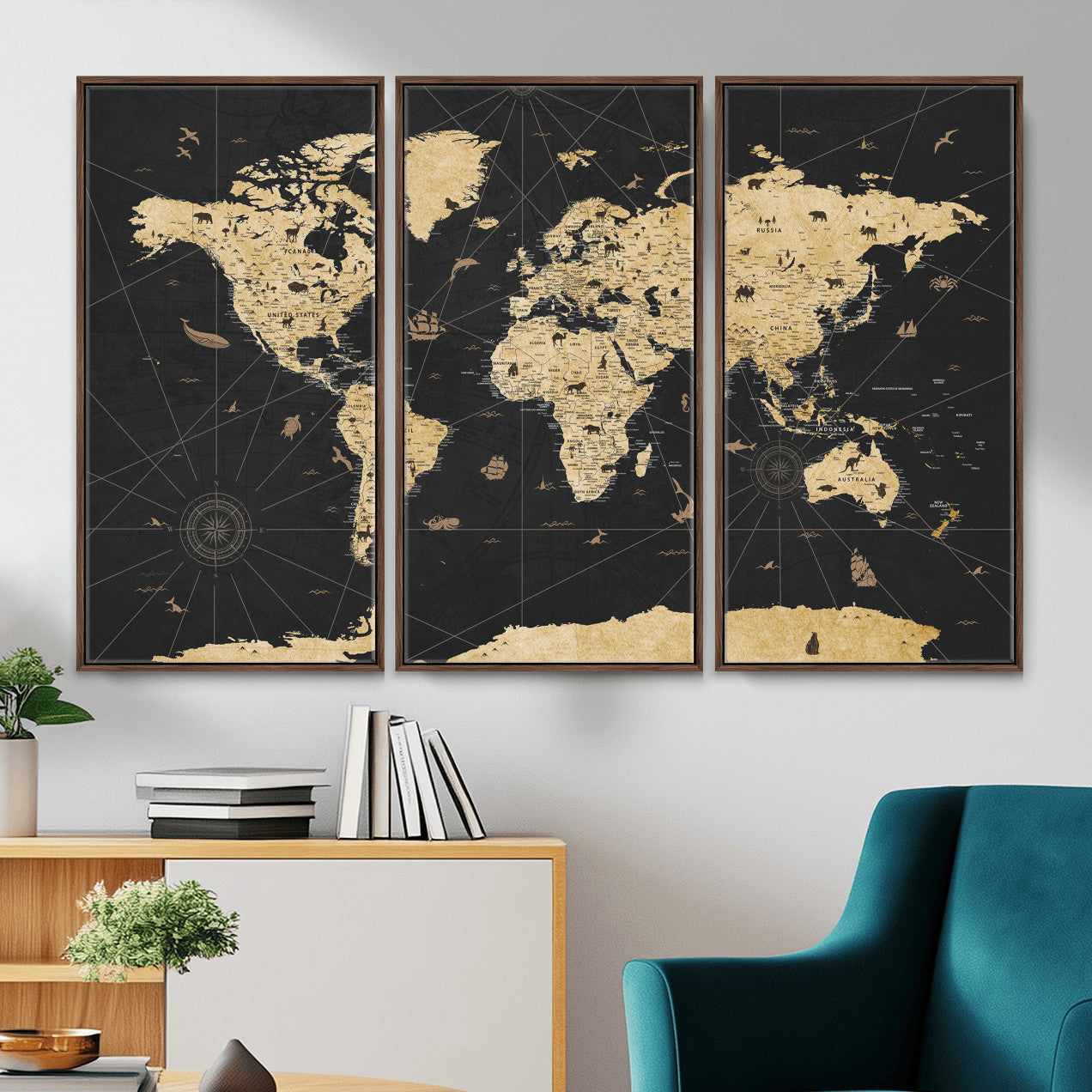 80270976-MGV-CV-36X24 - World Map Wall Art Canvas Print, Modern Decorative Framed Map Artwork Prints for Living Room, Office, Bedroom Wall Decor