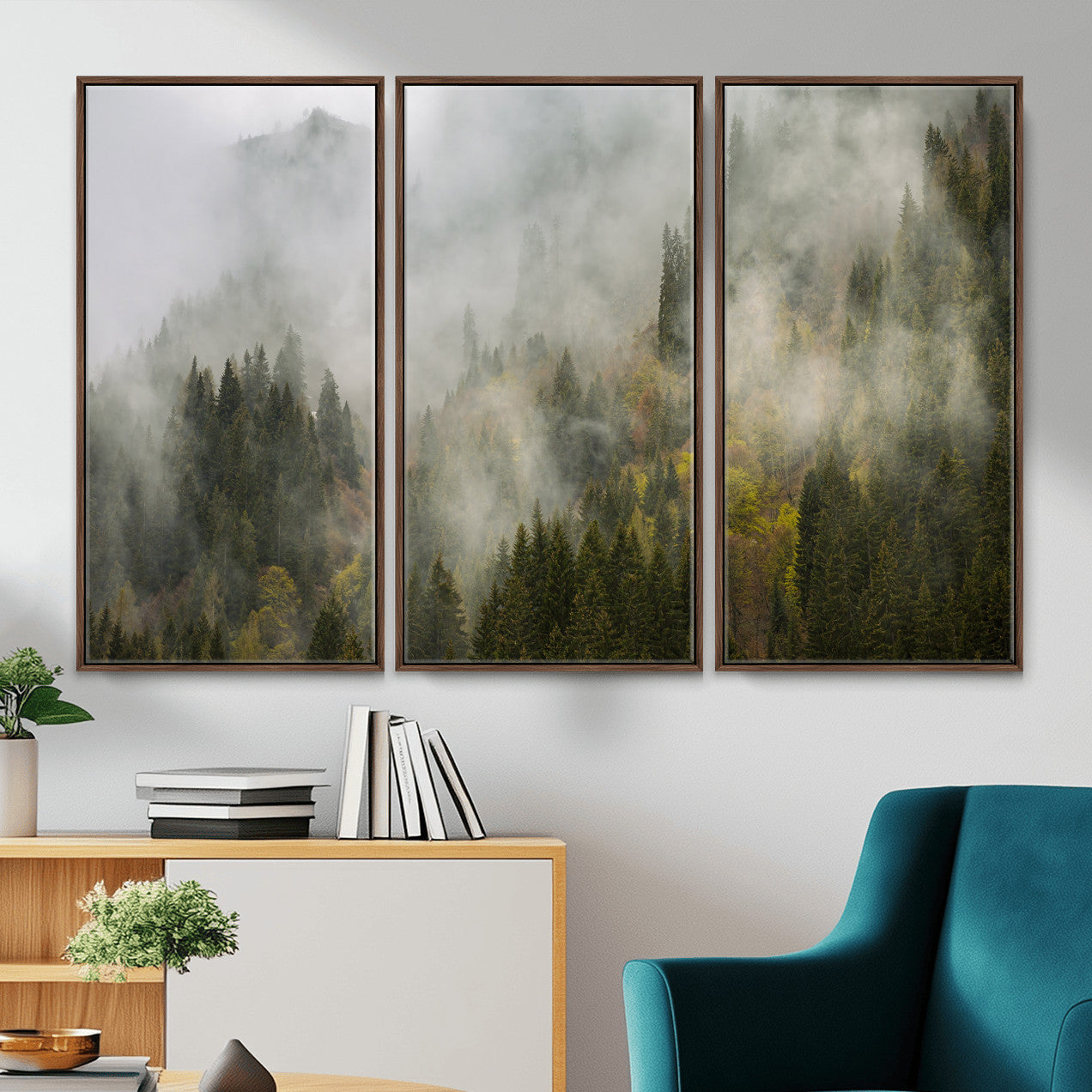 31152954-MGV-CV-36X24 - Misty Mountain Forest Canvas Print, Foggy Pine Trees Nature Wall Art, Framed Canvas Ready to Hang