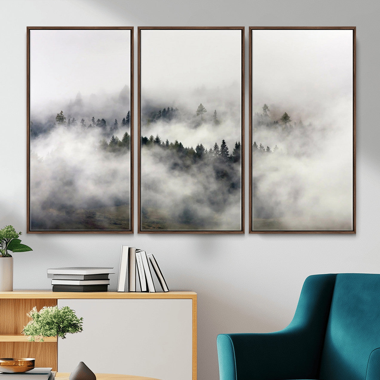 63235457-MGV-CV-36X24 - Foggy Forest Wall Art Canvas Print, Misty Pine Tree Landscape Wall Art Print, Framed Wall Art Ready to Hang