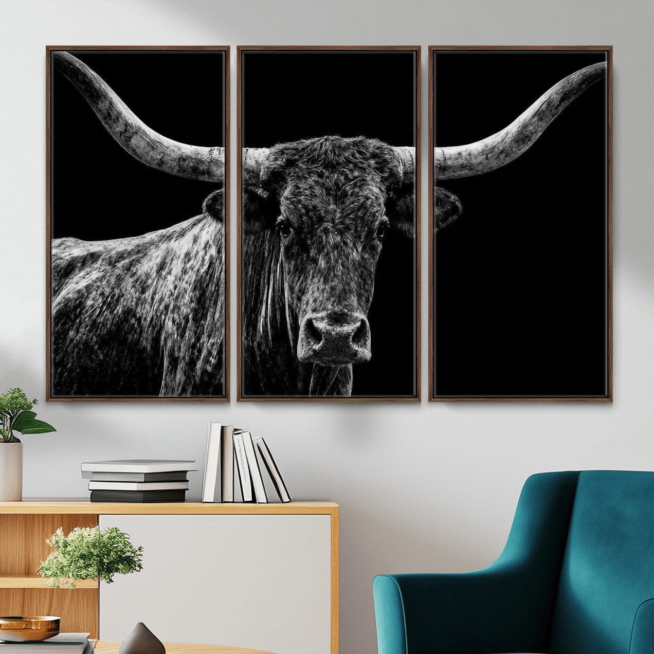 86568508-MGV-CV-36X24 - Vintage Texas Longhorn Bull Wall Art Canvas Print, Texas Cow Portrait Print, Framed Bull Wall Art Ready to Hang