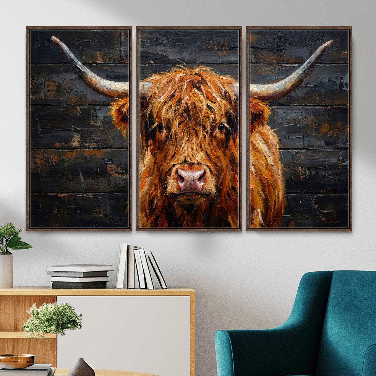 32536611-MGV-CV-36X24 - Highland Cow Wall Art Canvas Print, Rustic Farm Animal Painting, Framed Wall Art Ready to Hang
