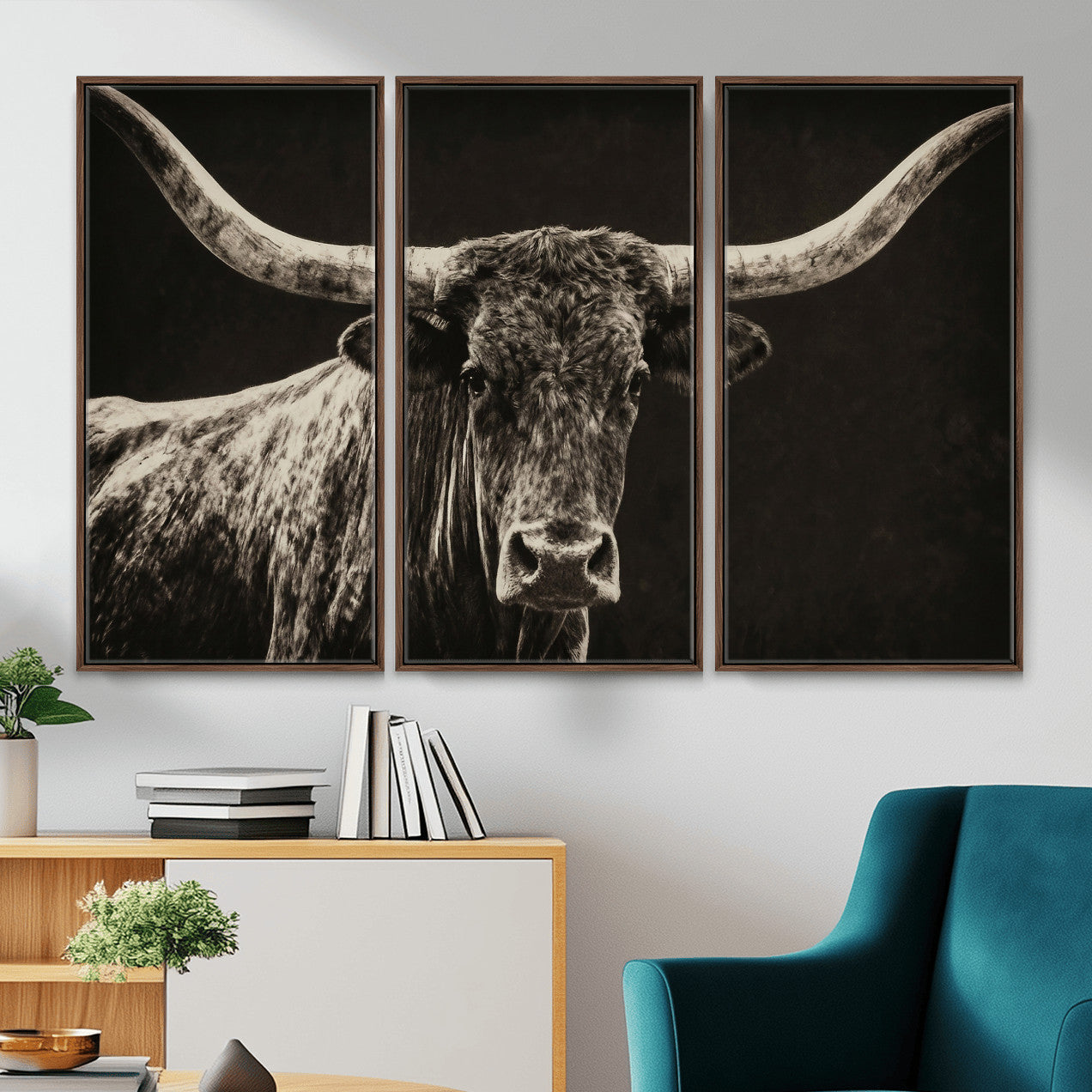74513721-MGV-CV-36X24 - Vintage Texas Longhorn Bull Wall Art Canvas Print, Cow Portrait Photography Print, Framed Wall Art Ready to Hang