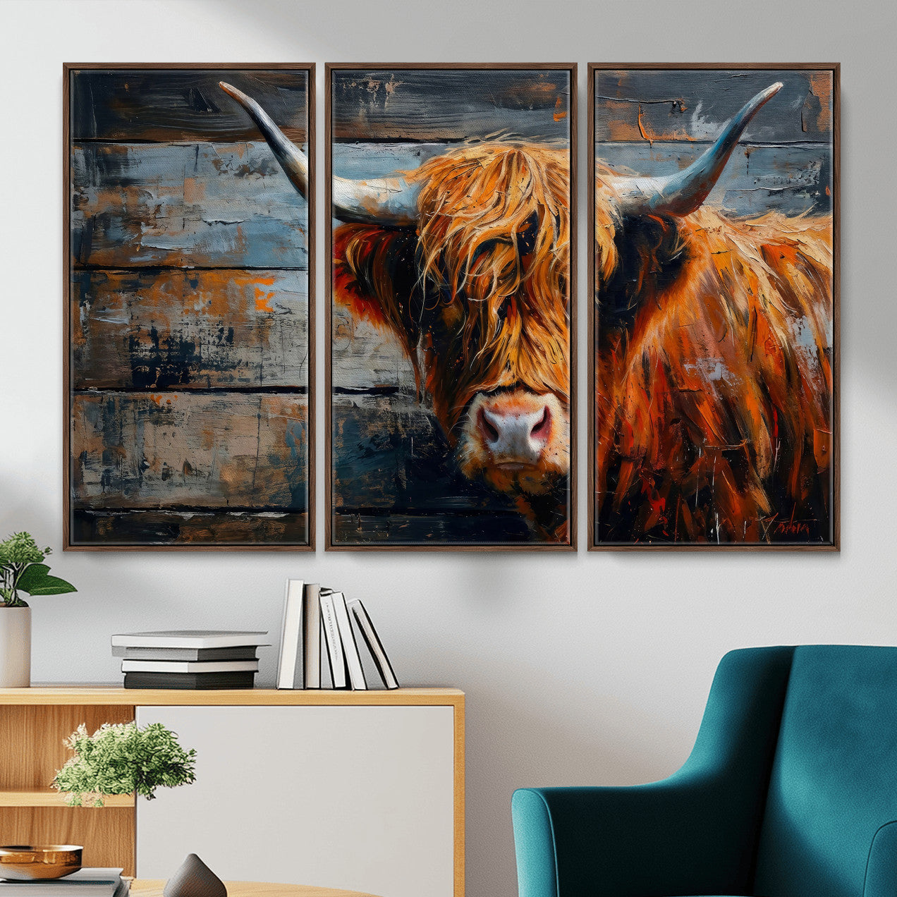 90271423-MGV-CV-36X24 - Highland Cow Wall Art Canvas Print, Abstract Rustic Farm Animal Wall Art Print, Framed Wall Art Ready to Hang