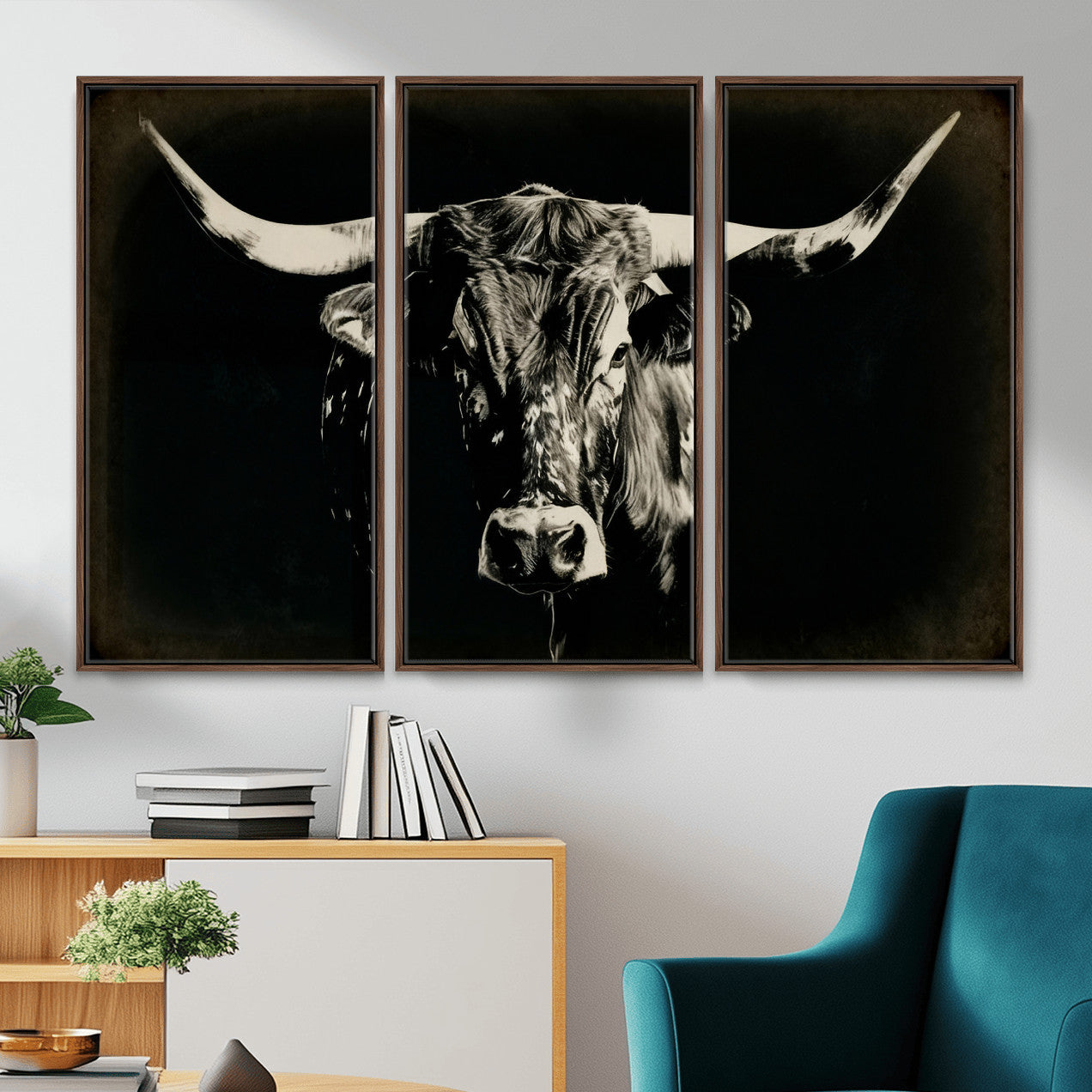 91364114-MGV-CV-36X24 - Black Bull Wall Art Canvas Print, Texas Longhorn Portrait Print, Framed Wall Art Ready to Hang