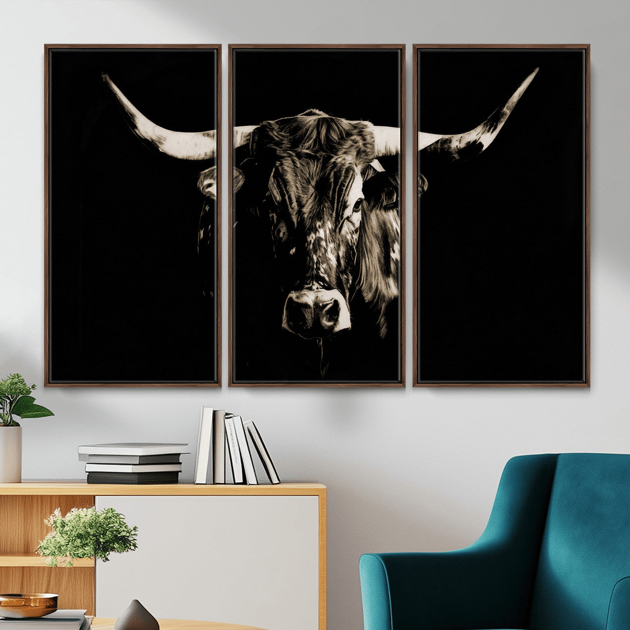 75774468-MGV-CV-36X24 - Black Bull Wall Art Canvas Print, Dark Longhorn Portrait Photography, Framed Wall Art Ready to Hang