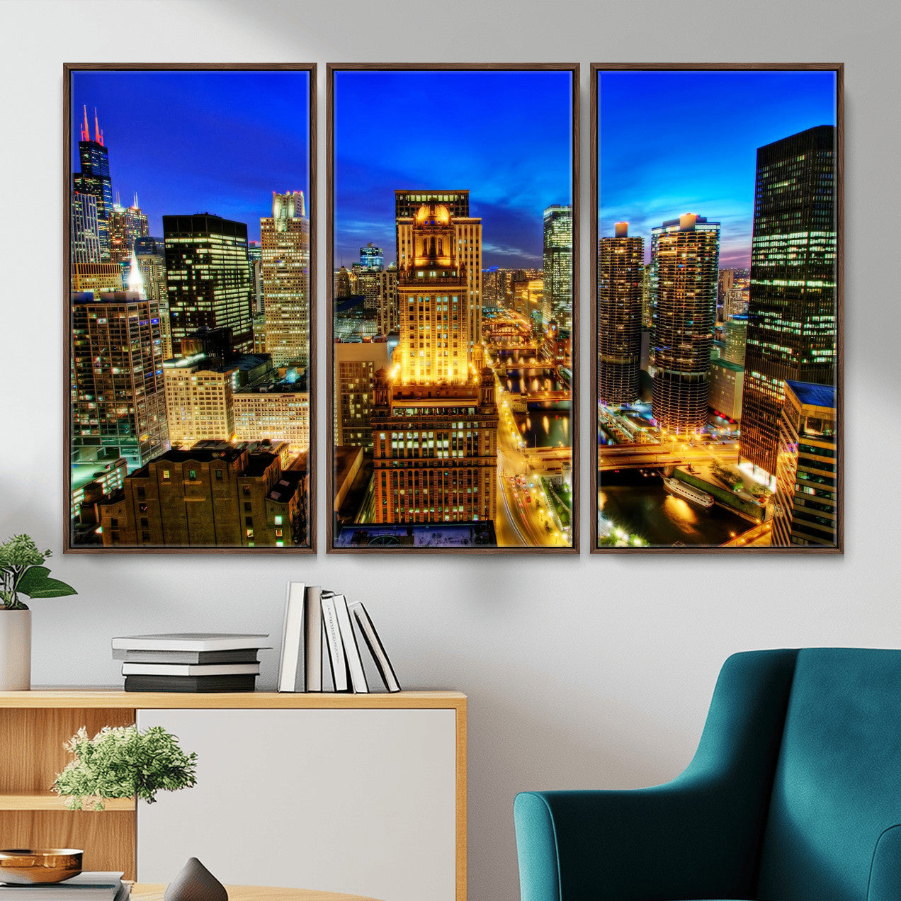 46298885-MGV-CV-36X24 - Chicago Wall Art Canvas Print, Chicago City Downtown Night Cityscape Print for Modern Urban Wall Decor