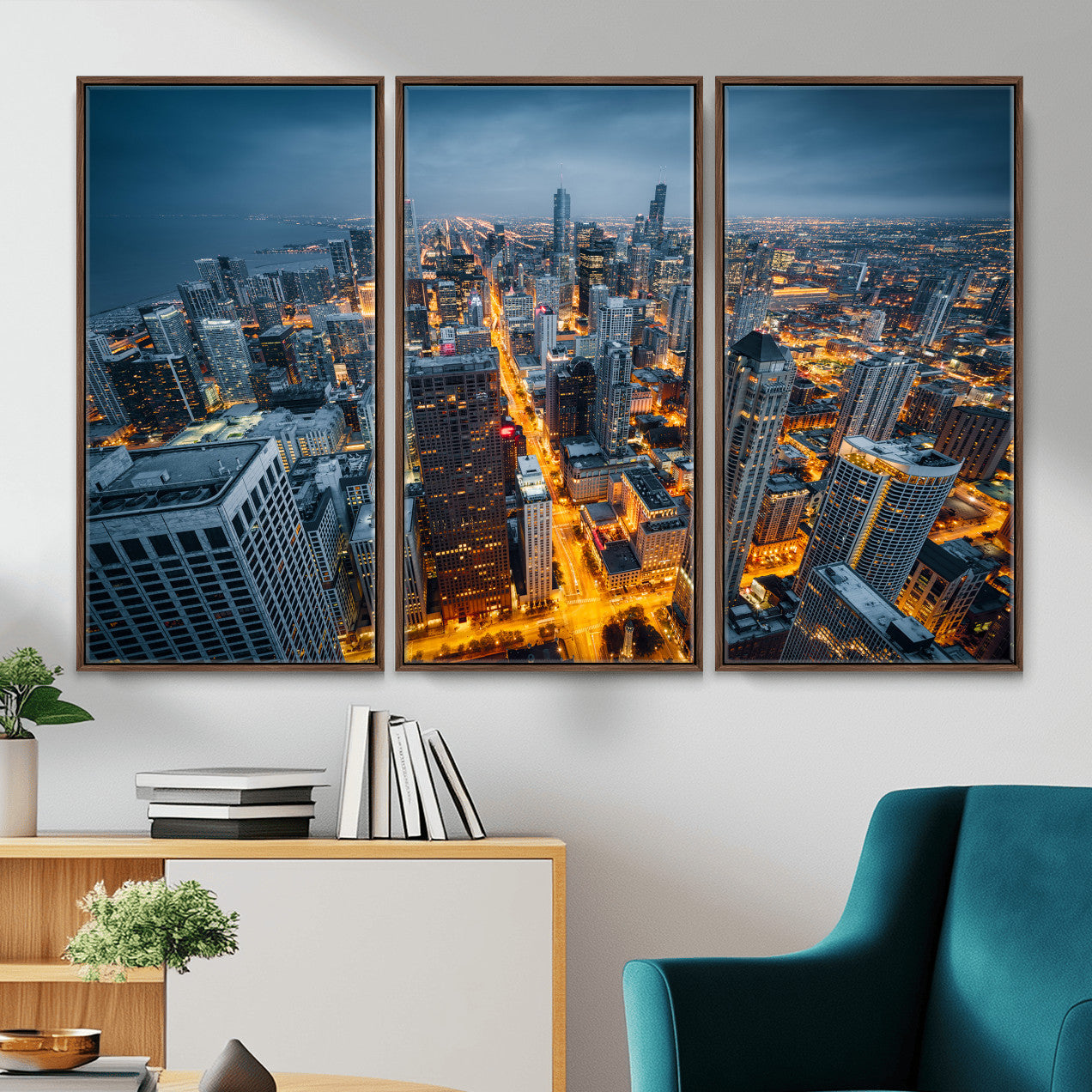 81742538-MGV-CV-36X24 - Chicago Wall Art Canvas Print, Chicago City Downtown Night Cityscape Print for Modern Urban Wall Decor