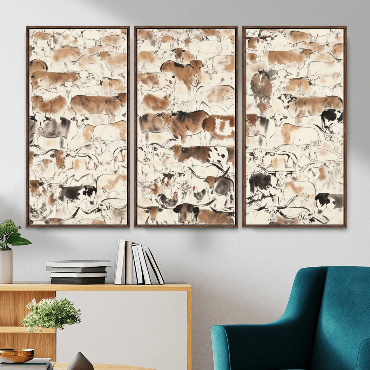 69961368-MGV-CV-36X24 - Farmhouse Animals Wall Art Canvas Print - Abstract Farm Animal Drawing Mid-Century Wall Art for Cabin Decor