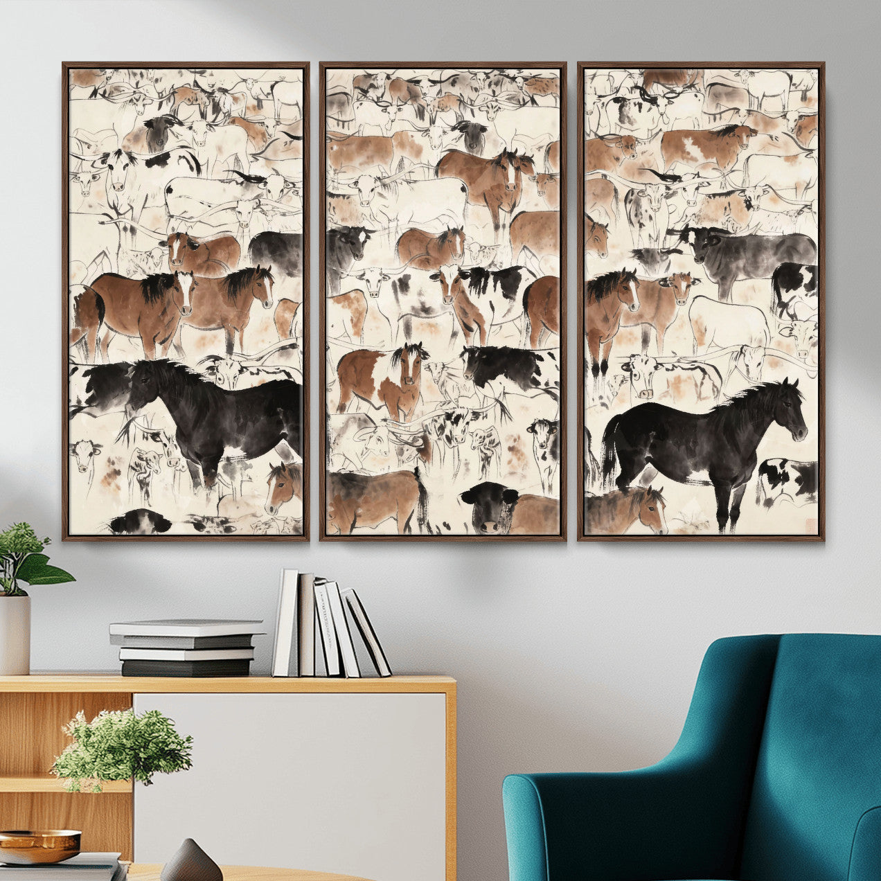 74171578-MGV-CV-36X24 - Farmhouse Animals Wall Art Canvas Print - Abstract Farm Animal Drawing Mid-Century Wall Art for Cabin Decor